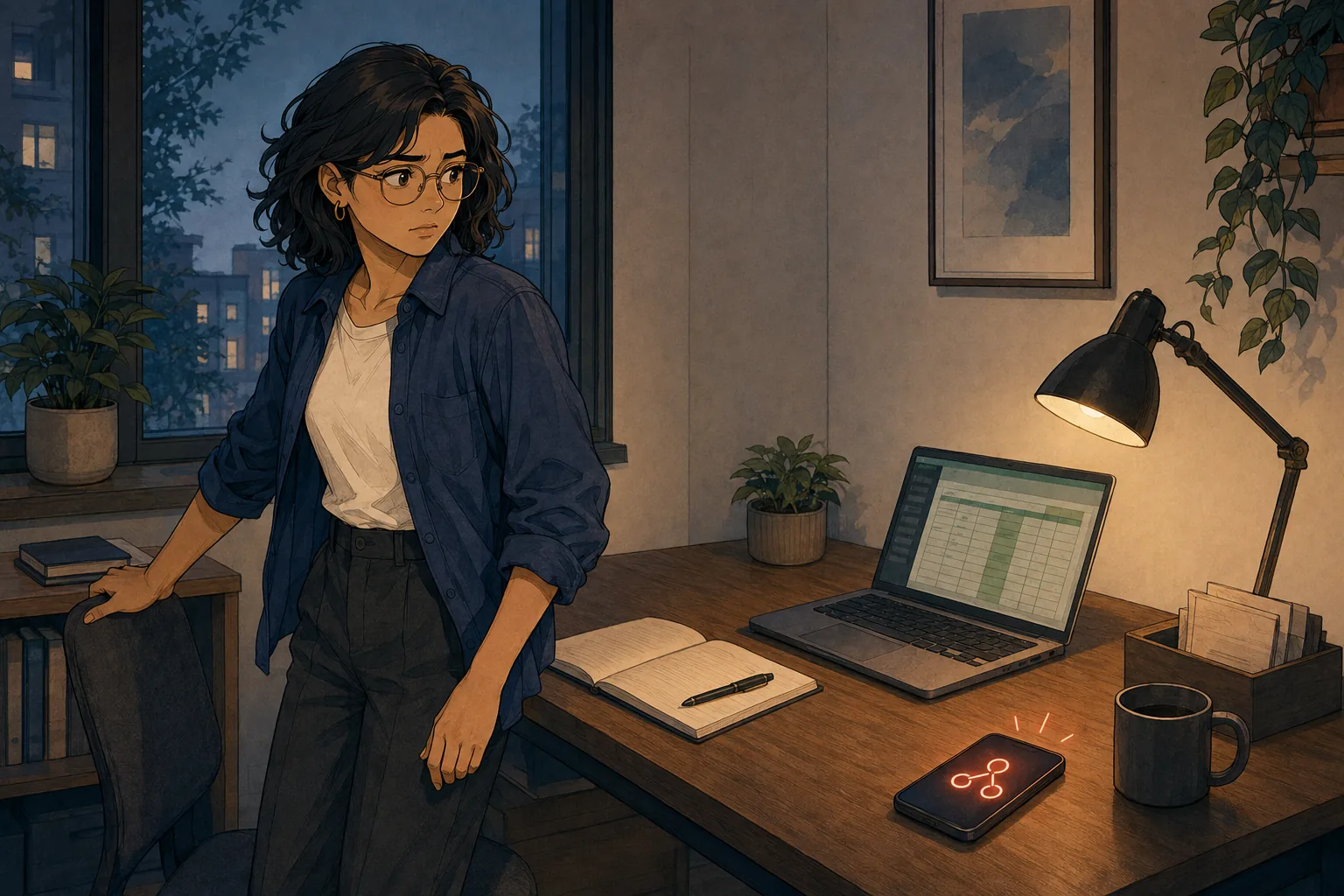 A merchant notices a webhook alert on her phone beside an open laptop and spreadsheet.
