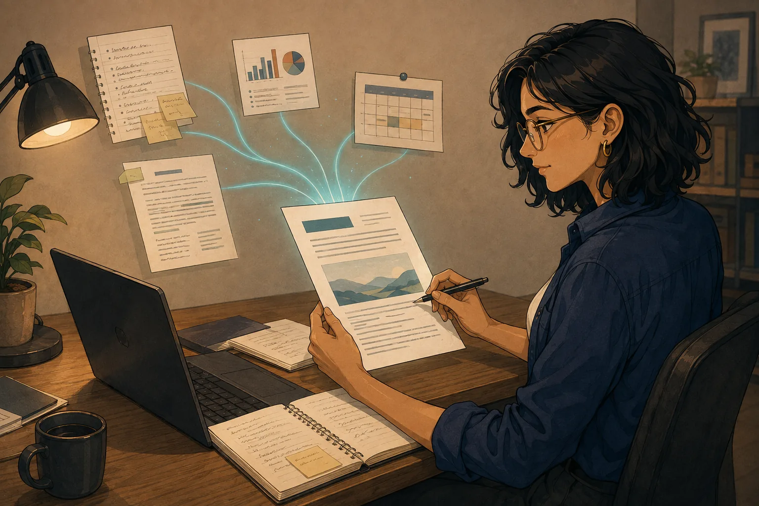 The merchant reviews a completed document at her desk while related work materials are gathered around it.
