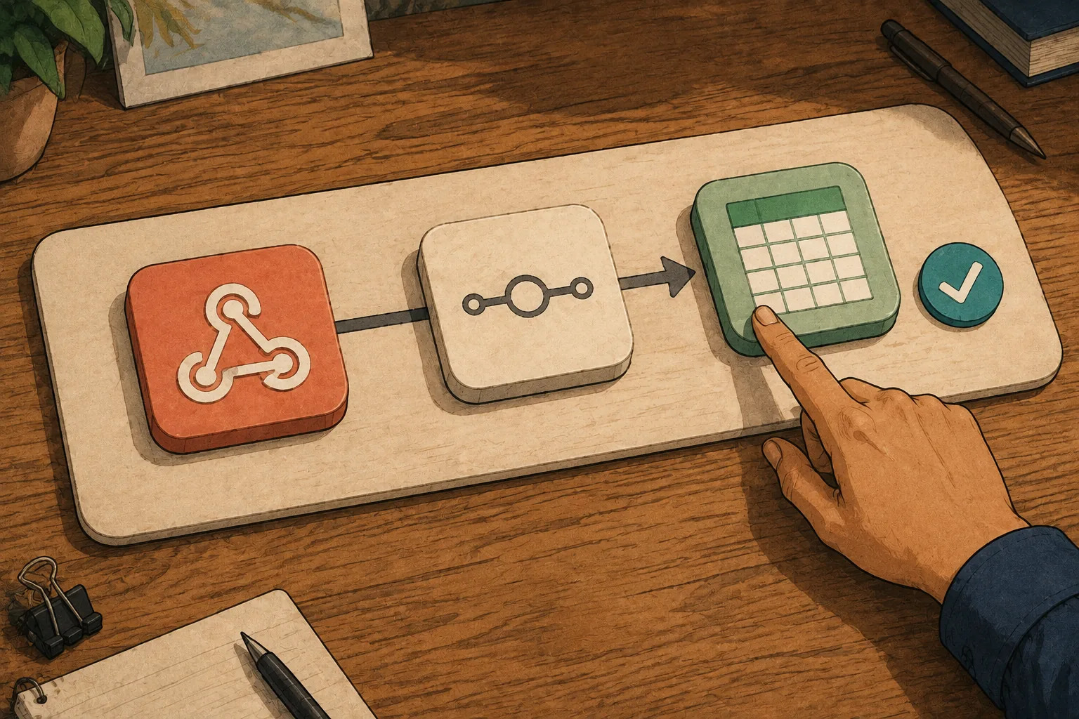 A close view shows a webhook moving through a workflow into a spreadsheet, ending with a confirmation mark.