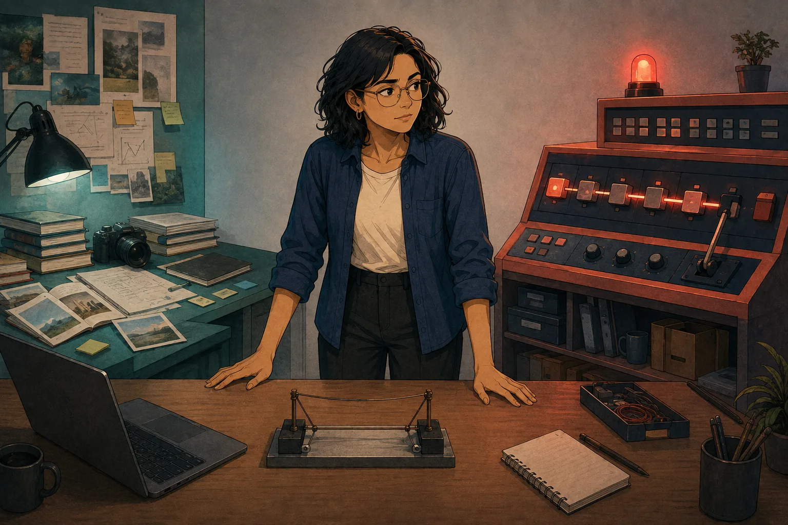 The merchant stands between two different workstations, weighing creative review against visible operational control.