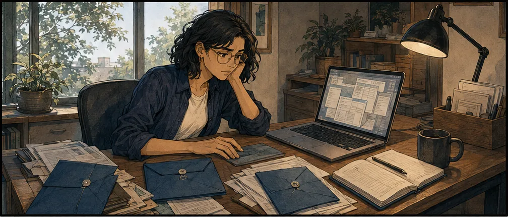 An operator leans on one hand beside overlapping laptop windows and three blue orders.