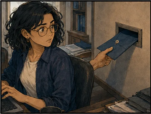 She turns from the keyboard as another blue order arrives through the mail slot.