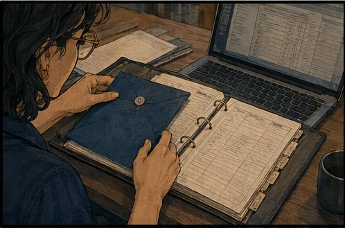 She compares a blue order with a paper binder and the record on her laptop.