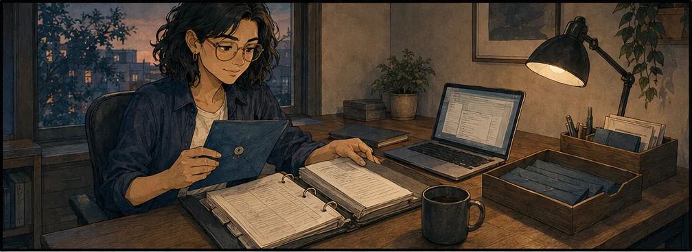 At dusk she calmly checks the order against the binder and a single laptop window.