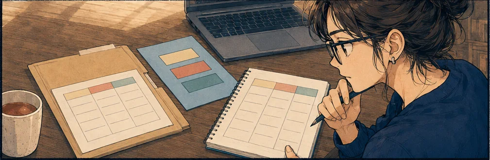She checks a second worksheet with the first record kept beside it.