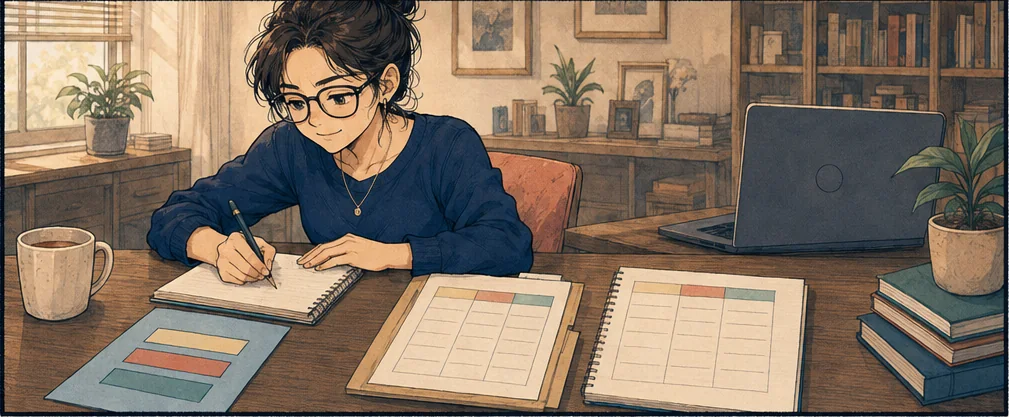 She compares both worksheets and calmly writes down the remaining questions.