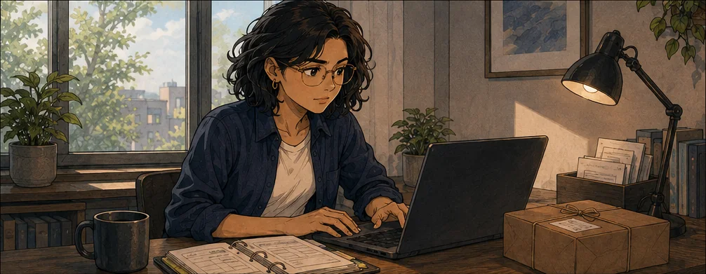 An operator works calmly with a familiar binder and a completed parcel.