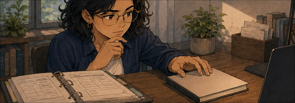She hesitates over a new notebook beside the familiar order binder.