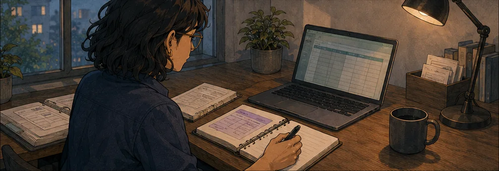 She compares a purple synthetic test form with a separate laptop record.
